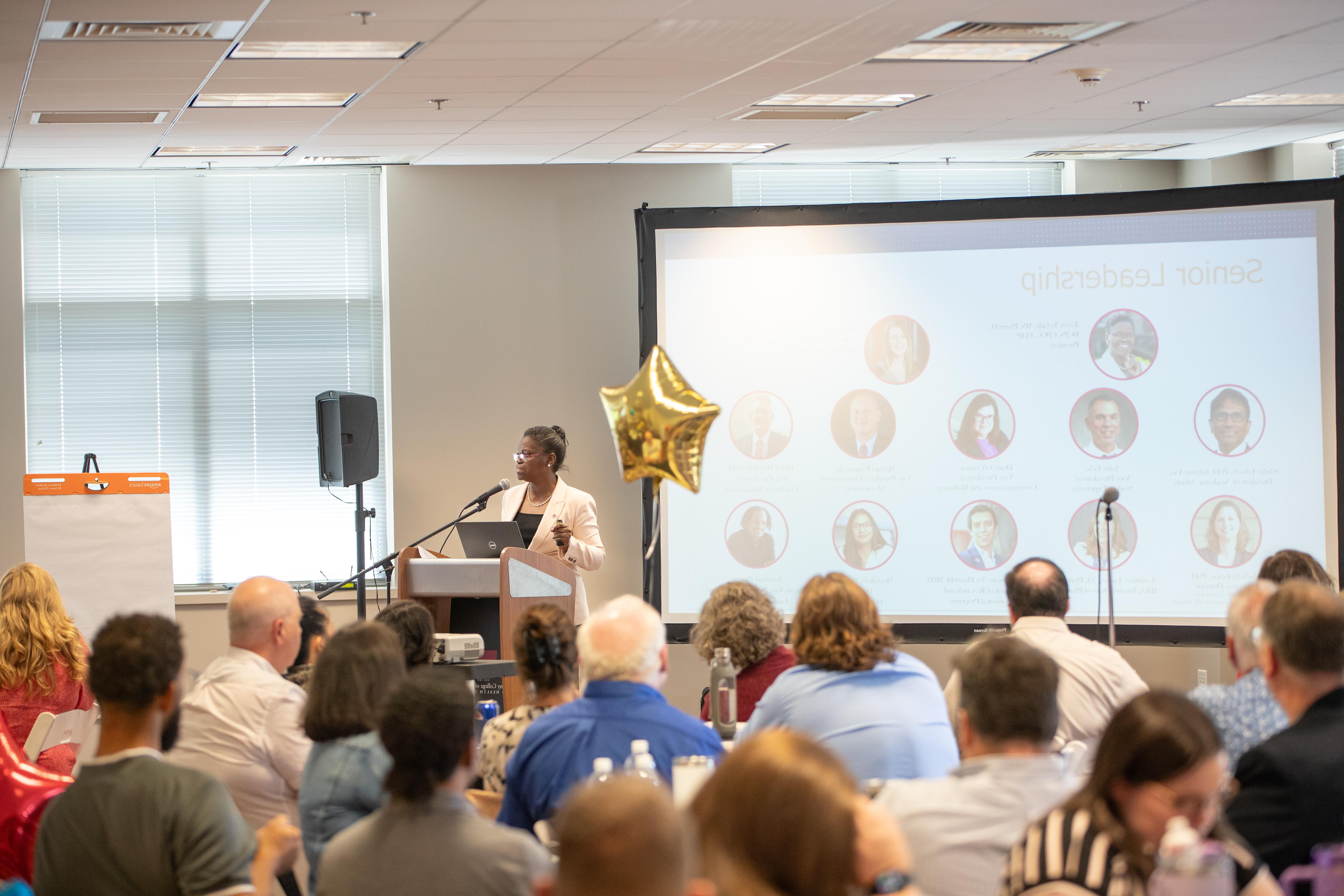 President Tofade speaking at the Faculty Staff Retreat on Aug. 14, 2024 